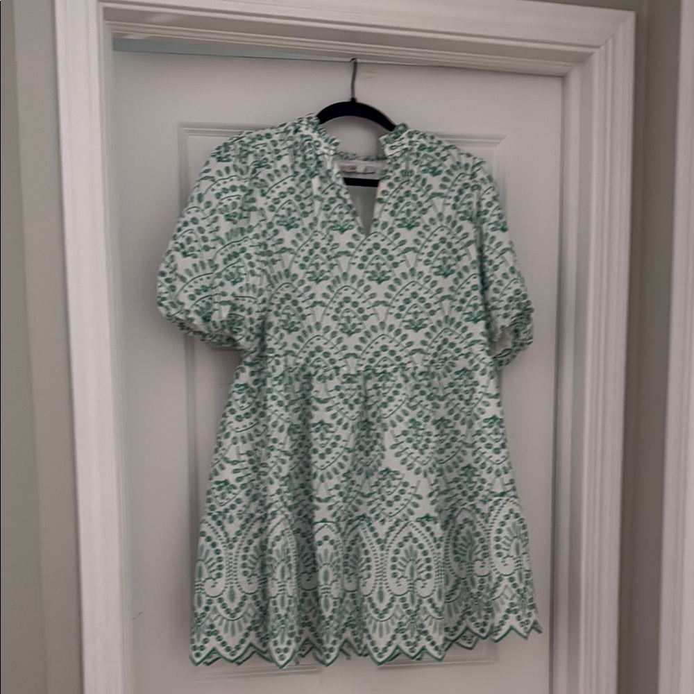 Pauline dress by Avara- Green print Puff Sleeve Mini Dress